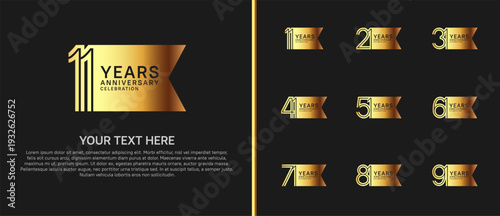 anniversary logo set with ribbon shape. golden color on black background for celebration moment
