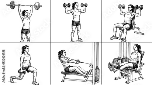 Female fitness workout illustration collection showing strength training exercises with dumbbells, barbell lifting and gym equipment promoting healthy lifestyle