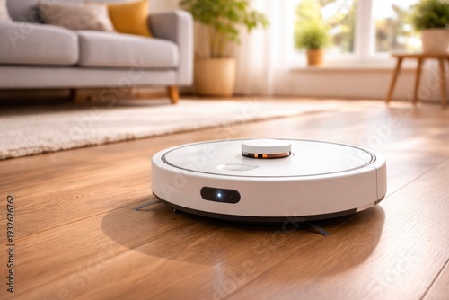 Wallpaper Mural Smart robot vacuum cleaner cleaning wooden floor in modern living room Torontodigital.ca