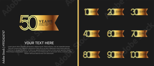 anniversary logo set with ribbon shape. golden color on black background for celebration moment