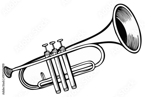 Illustration of a brass trumpet musical instrument in black and white