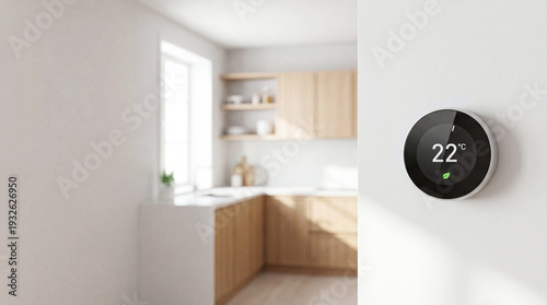 Close up of smart thermostat set to 22 degrees on white wall with blurred kitchen background. Concept of energy efficiency and smart home climate control.