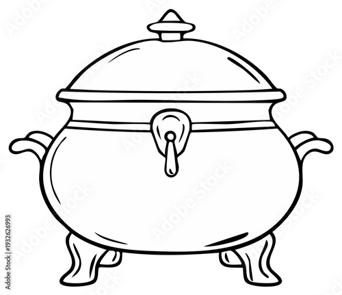 Ornate Traditional Cooking Pot with Decorative Handles and Lid Vector Line Art