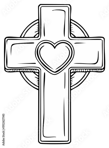 Outlined Celtic Cross with a Heart at the Center Depicting Faith and Belief