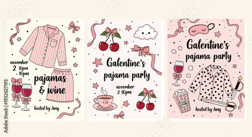 Galentine's pajama party invitation set, cad drawing flat vector illustration, cute sleepover templates with wine and pajamas, pink holiday cards.