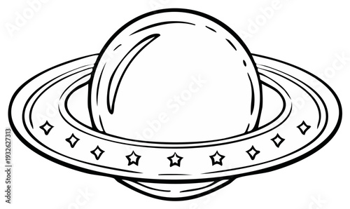 Flying Saucer Illustration Line Art. Vintage UFO Drawing Style with Stars. Spacecraft Clip Art