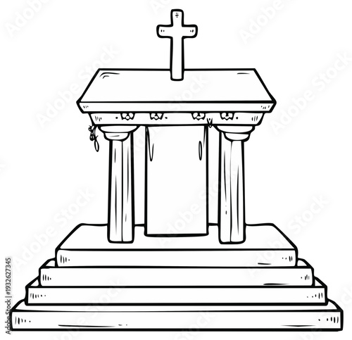 Sketch of an ornate altar with a cross at the top featuring classical columns and tiered base
