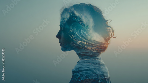 Abstract conceptual portrait with ocean waves inside human silhouette symbolizing mental health, emotions and inner thoughts. Artistic representation of mindfulness, psychological balance