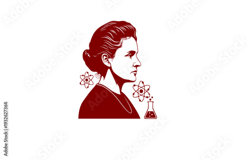 Marie Curie Scientist Profile Silhouette, Women in Science Vector Sticker, Historical Chemistry and Physics Icon for Education