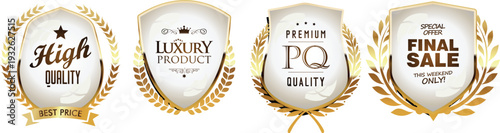 Four gold sale badges on a white background