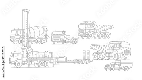 Engineering Fleet: Technical blueprint-style illustration showcasing a variety of robust vehicles essential to construction and industrial endeavors.