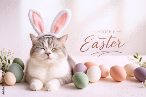 Cute cat wearing bunny ears with Easter eggs adorable spring holiday greeting