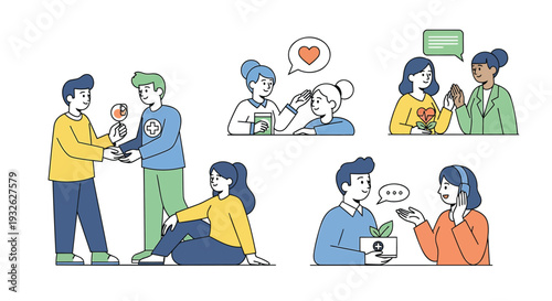 Set of 6 flat design people interaction icons vector