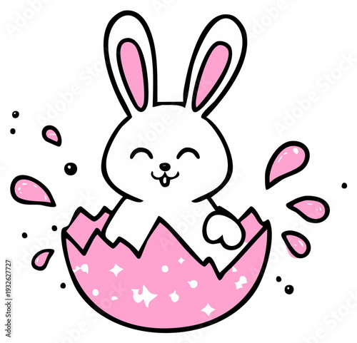 Cute cartoon bunny emerges from a sparkling pink easter egg with water splashes