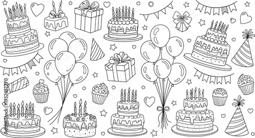 Birthday cake and party icons set, cad drawing flat vector illustration, celebration balloons and gift boxes, holiday cupcakes and candles.