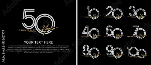 anniversary logo set with handwriting. white and brown color on black background for celebration moment