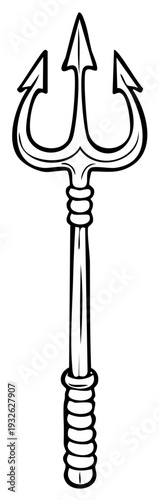 Neptune's trident line art black and white outline illustration, weapon with three prongs
