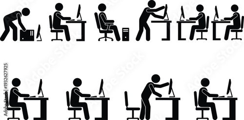 Office ergonomics and computer workstation icon set showing employees working, adjusting desks and maintaining healthy posture for productive workplace environment
