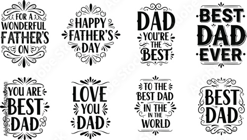 Father's Day greeting typography set, cad drawing flat vector illustration, best dad ever ornamental lettering, holiday quotes on white background.