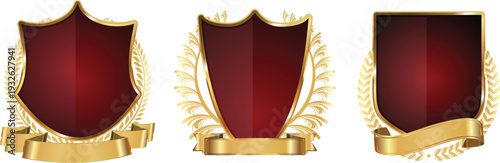 Three red and gold shields with decorative elements