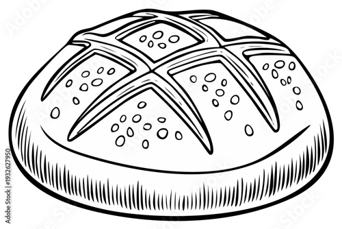 Hand-drawn illustration of a single round crusty bread roll with score marks and seeds