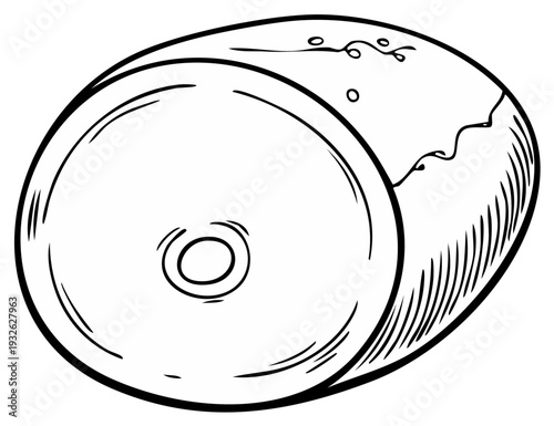 Hand drawn sketch of a round white sink top view with water drain detail
