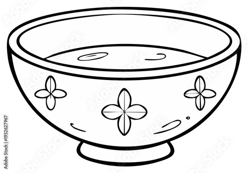 Simple outline of a decorative bowl filled with liquid and floral patterns