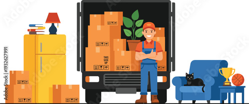 Moving service illustration with delivery worker unloading household furniture and boxes from truck representing relocation, logistics and home moving concept