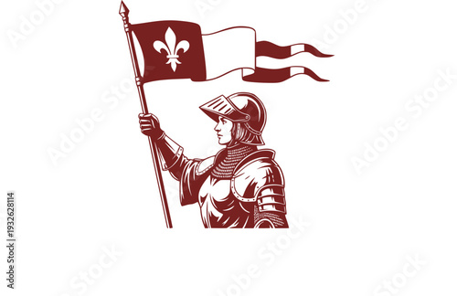 Joan of Arc Knight Silhouette with Banner, Medieval French Heroine Vector Sticker, Women in History Courage Illustration