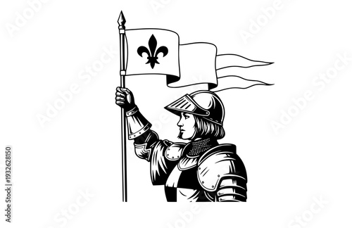Joan of Arc Knight Silhouette with Banner, Medieval French Heroine Vector Sticker, Women in History Courage Illustration
