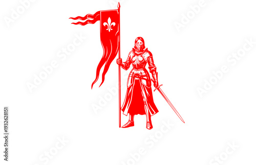 Joan of Arc Knight Silhouette with Banner, Medieval French Heroine Vector Sticker, Women in History Courage Illustration