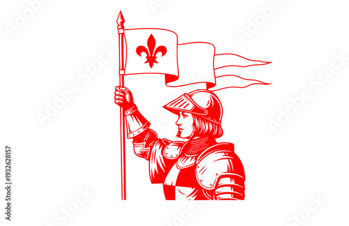 Joan of Arc Knight Silhouette with Banner, Medieval French Heroine Vector Sticker, Women in History Courage Illustration