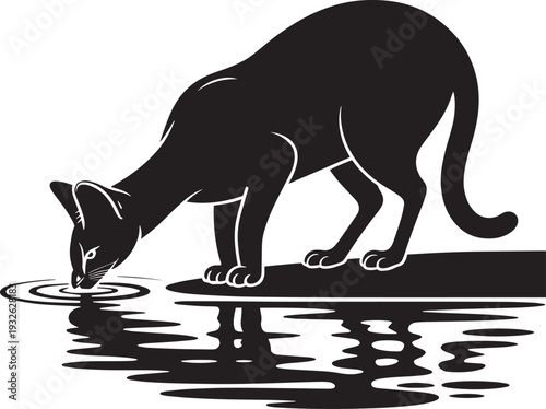 Sleek cat silhouette drinking water from pond with ripple effects black vector illustration