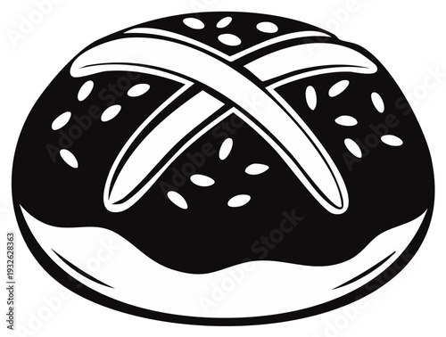 Stylized Black and White Round Bread Roll with Crisscross Top Pattern