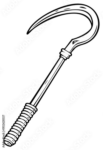 Monochrome sickle illustration, harvest tool with hook, stylized farm equipment icon. Simple sketch for graphic design elements