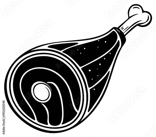 Black and white illustration of a ham leg, bone, and meat, isolated.