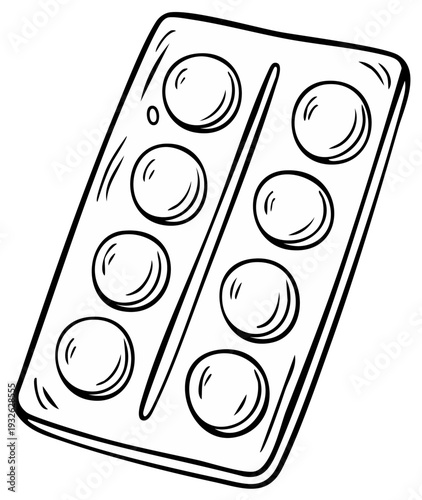 Hand Drawn Medicine Tablet Blister Pack with Eight Pills Isolated on White