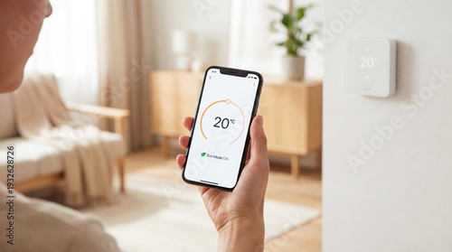 Person holding smartphone displaying 20 degrees with eco mode on, adjusting smart thermostat on wall in modern living room interior.