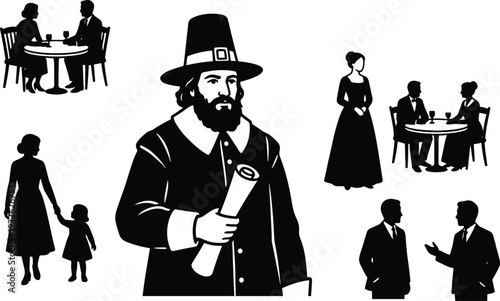 Pilgrim historical illustration with colonial people silhouettes showing early settlers, family life, social interaction and traditional heritage concept