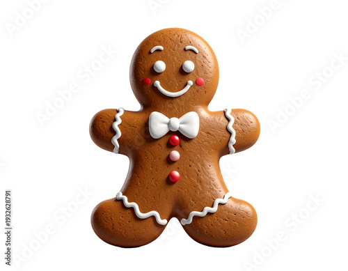 Gingerbread man cookie with white icing bow tie and smile