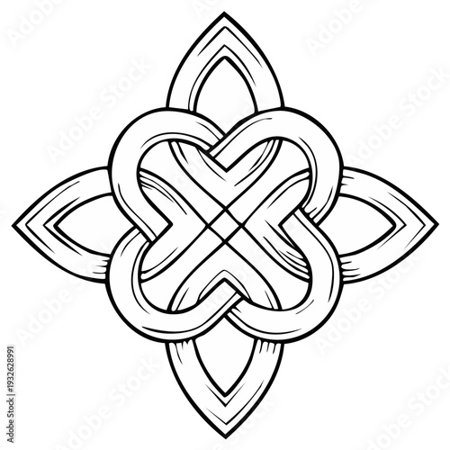 Celtic knotwork illustration in bold black and white design with symmetrical interlaced shapes