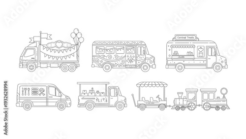 Food Trucks & Trains: An illustrated collection of food trucks and a toy train, ideal for business designs, menus, and culinary concepts. 