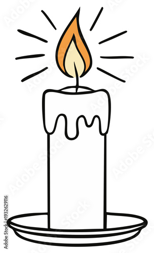 Cartoon candle burning with bright flame and light rays isolated