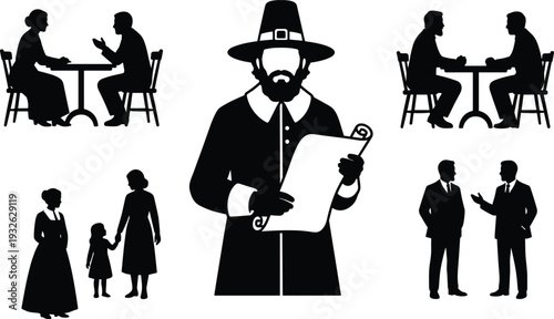 Pilgrim historical silhouette illustration showing colonial settlers, social interaction, family life and traditional heritage culture representing early American history