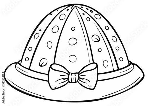 Outline image of a ladies hat with bow and polka dots pattern, vector drawing