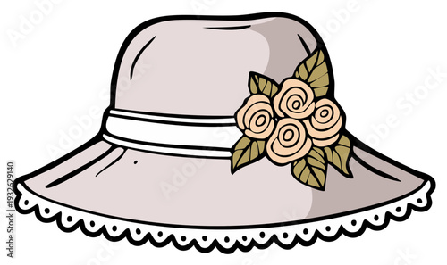 Elegant light purple hat with decorative cream roses and lace trim illustration