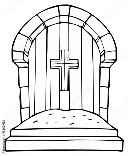 Christian Cross Embossed on Stone Entrance with Arched Stonework and Gravel Mound