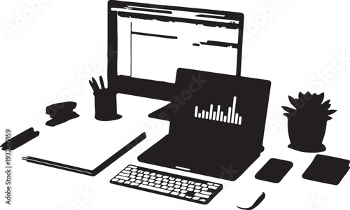 A collection of office equipment including a printer, filing cabinet, chair, and various computers. Vector