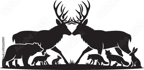 Stag and doe silhouette with bear, fox, and rabbit wildlife vector illustration set