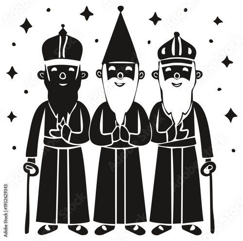 Three Wise Men Kings Magi Biblical Figures in Festive Starry Sky